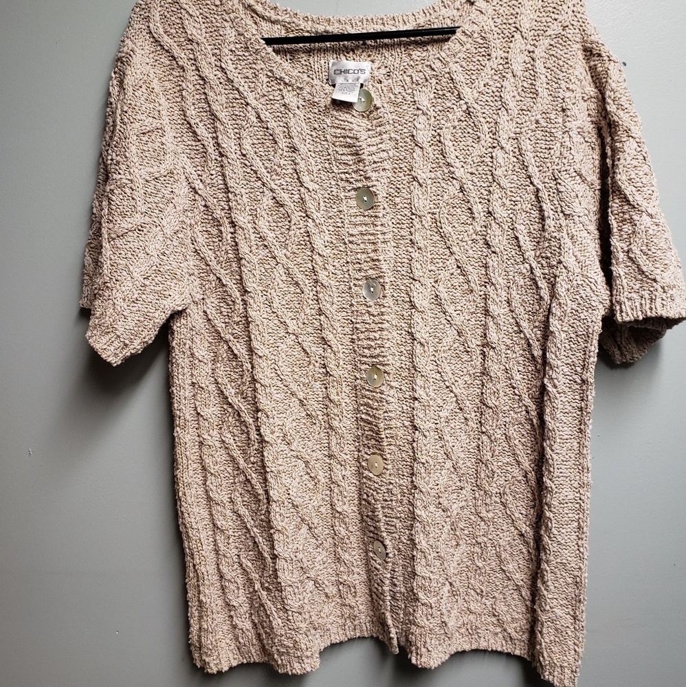 Chicos sweater gold thread cable knit beige